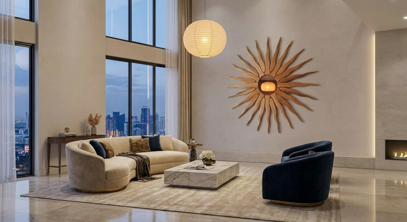 Painel decorativo Sol Latino em madeira em projeto de decoração de interiores contemporâneo